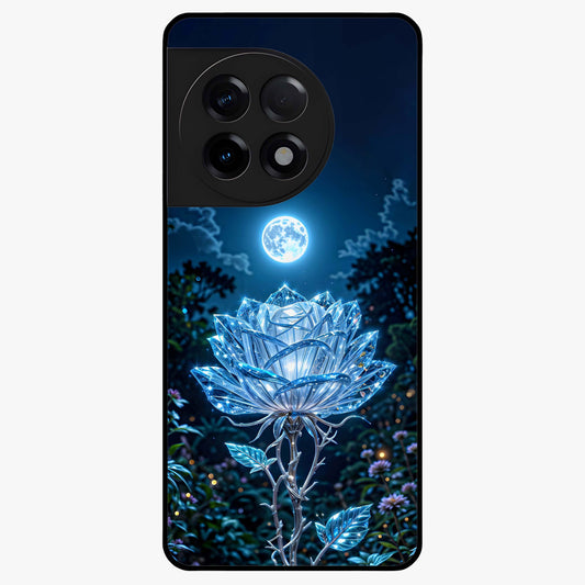 Crystal Moon Lotus Glass Case for 1+11R serene front view featuring glowing lotus artwork under crystal moonlight