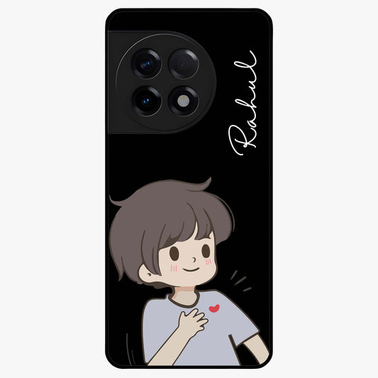 Cute Boy Heart Reaction Glass Case for 1+11R adorable front view featuring playful heart reaction character artwork