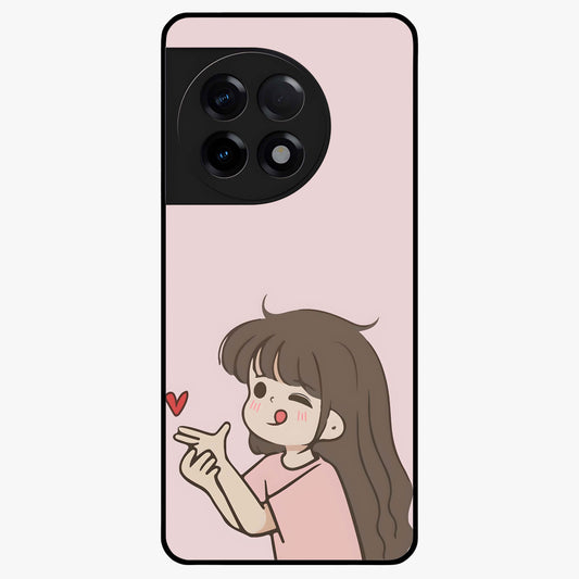 Cute Kiss Heart Glass Case for 1+11R sweet front view featuring romantic kiss and heart inspired artwork