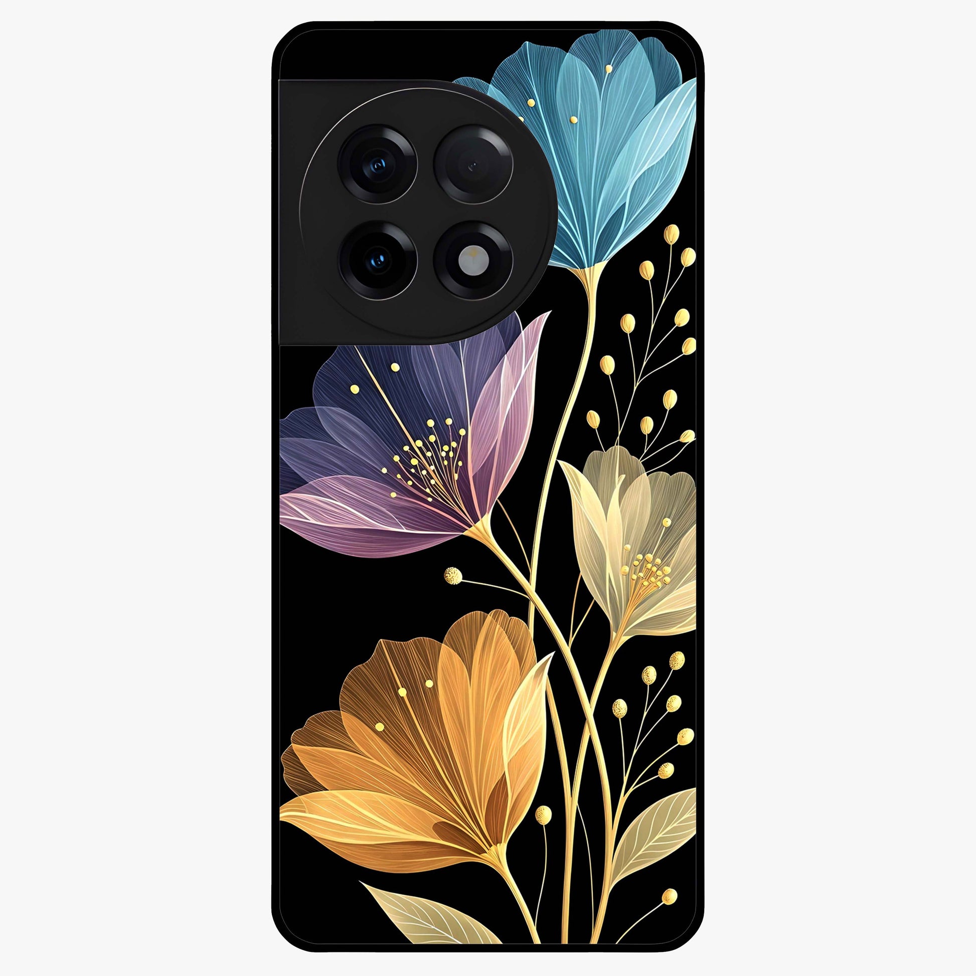 Delicate Multicolor Flowers Glass Case for 1+11R vibrant front view featuring soft multicolor floral artwork