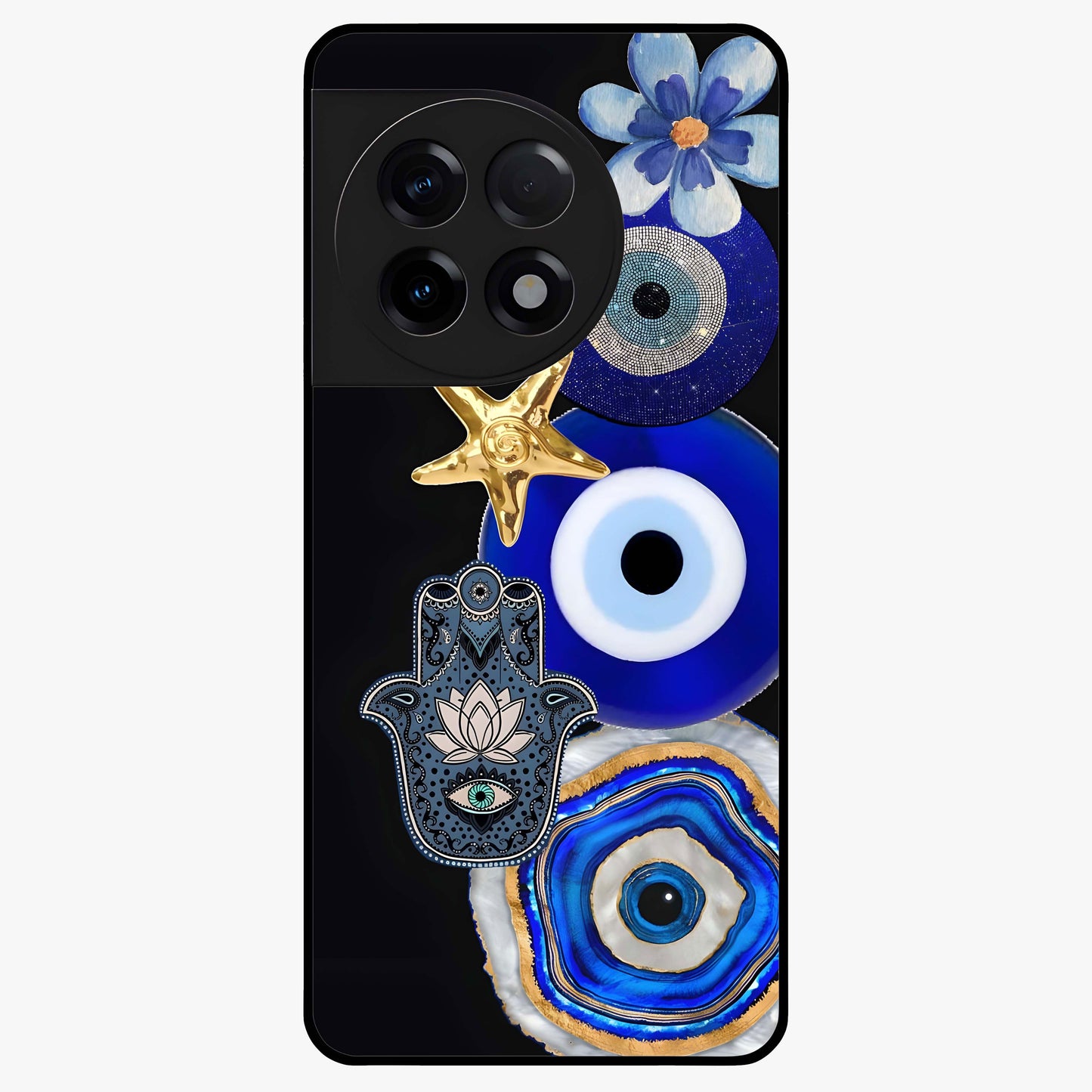 Divine Eye Bloom Glass Case for 1+11R artistic front view featuring floral evil eye inspired artwork