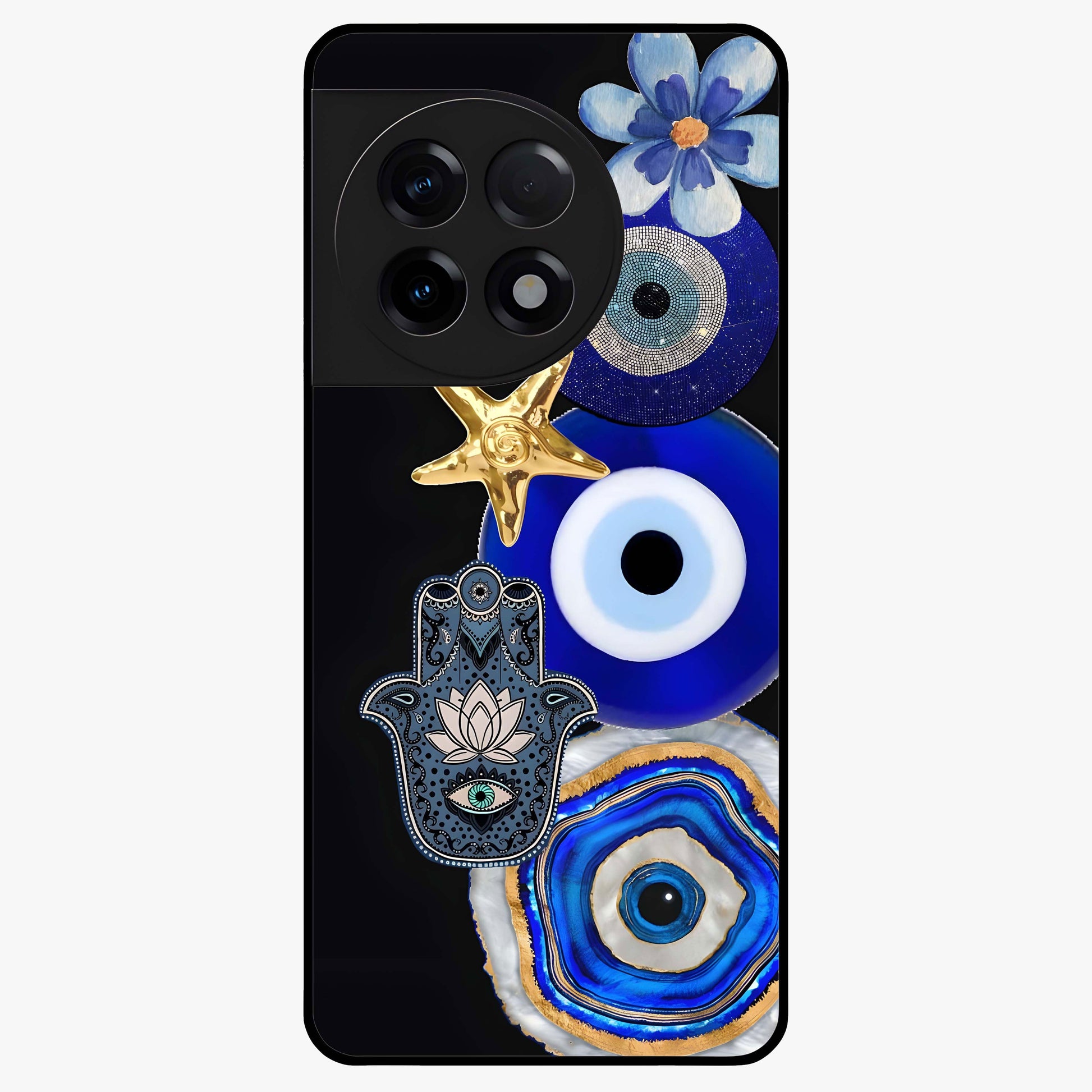 Divine Eye Bloom Glass Case for 1+11R artistic front view featuring floral evil eye inspired artwork
