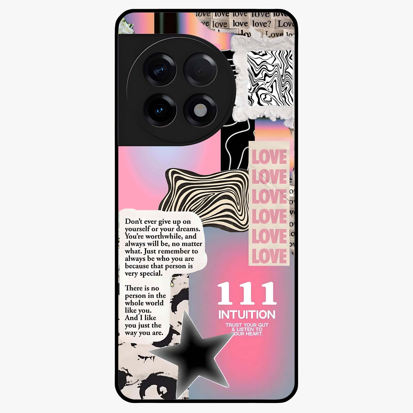 Divine Love Vibes Glass Case for 1+11R soft front view featuring romantic artistic typography design