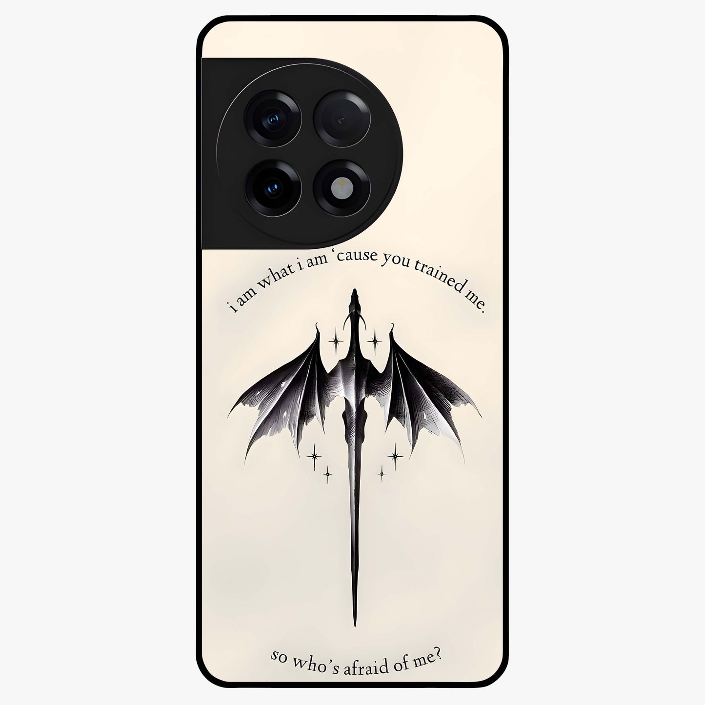 Dragon Quote Art Glass Case for 1+11R bold front view featuring dragon illustration with motivational quote artwork