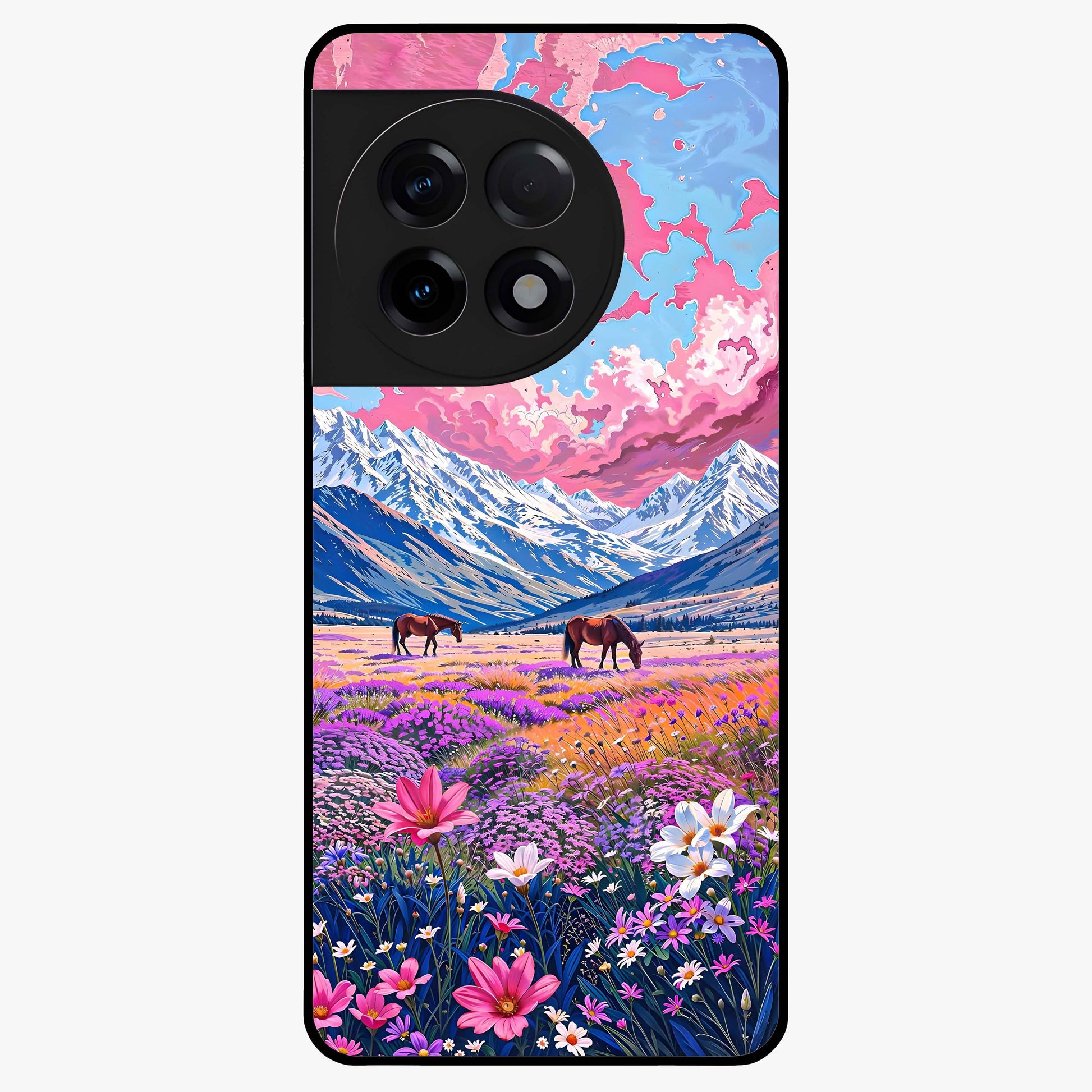 Dreamy Floral Pastures Glass Case for 1+11R soft front view featuring pastel floral meadow artwork