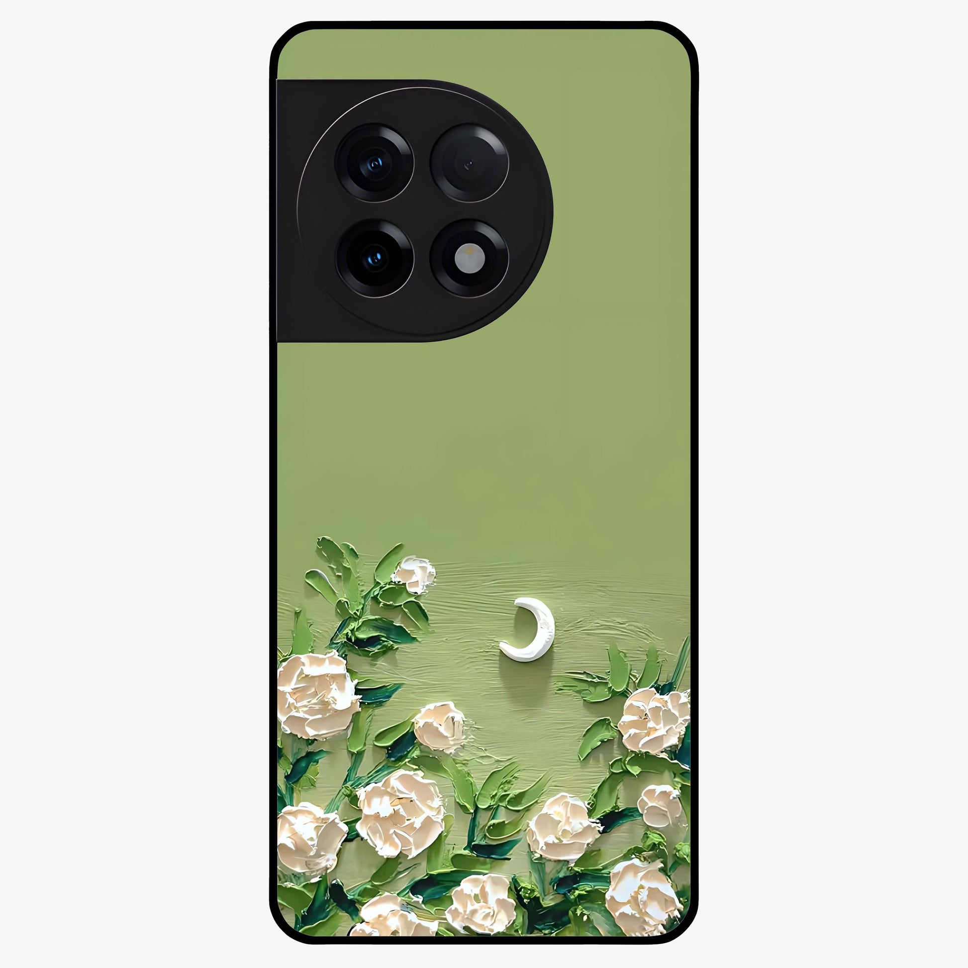 Emerald Bloom Calm Glass Case for 1+11R elegant front view featuring soothing emerald floral artwork
