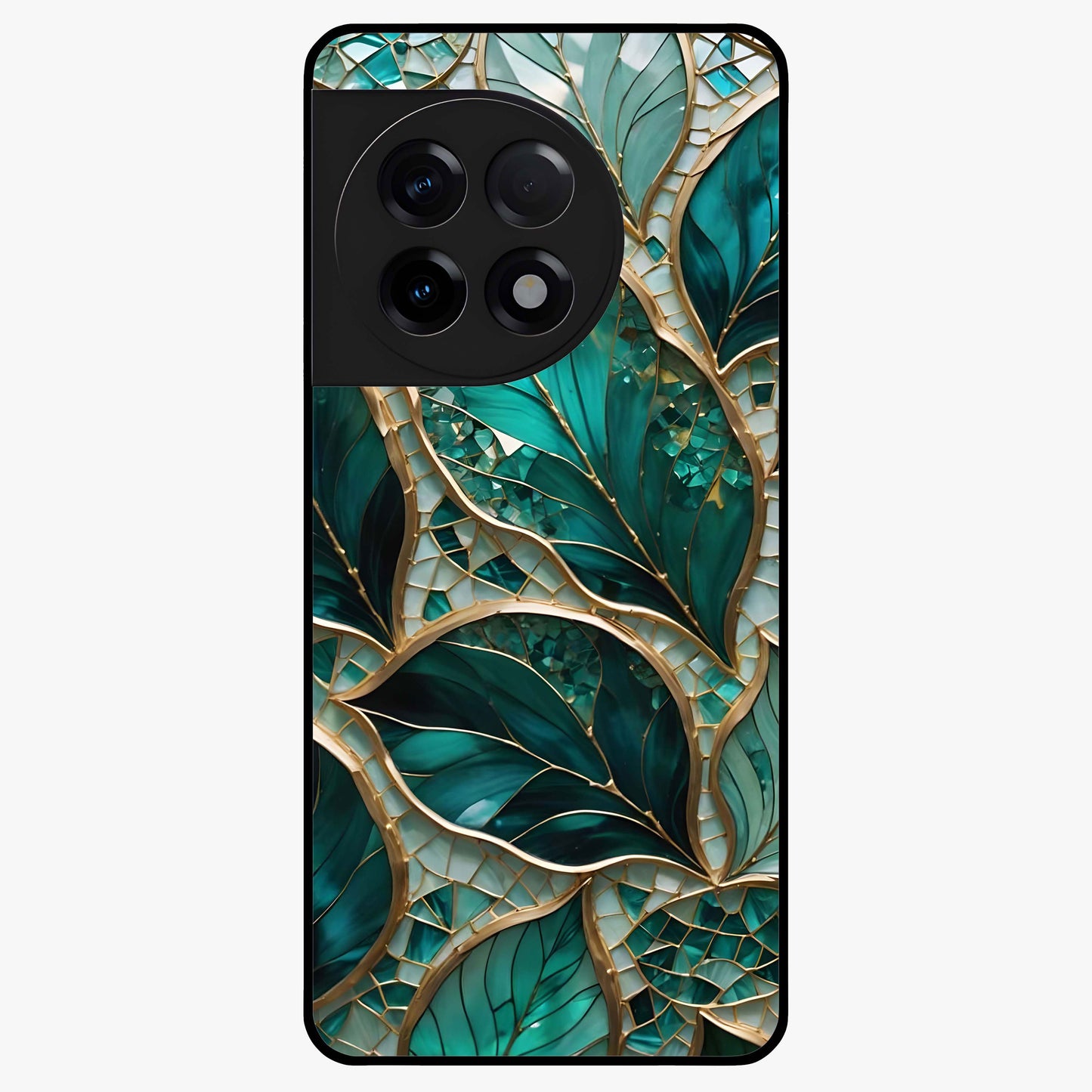 Emerald Leaf Glass Case for 1+11R minimalist front view featuring elegant green leaf artwork