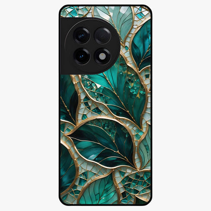 Emerald Leaf Glass Case for 1+11R minimalist front view featuring elegant green leaf artwork