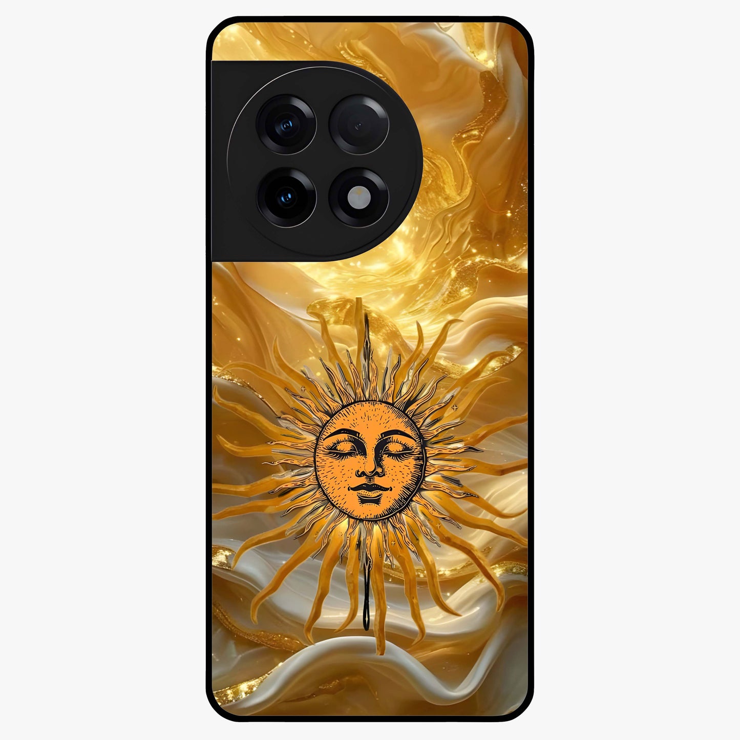 Eternal Golden Glow Glass Case for 1+11R radiant front view featuring warm golden artistic artwork