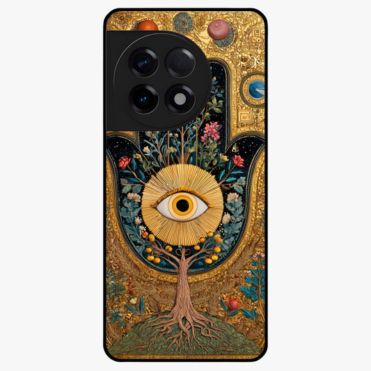 Ethereal Evil Eye Glass Case for 1+11R mystical front view featuring soft glowing evil eye artwork