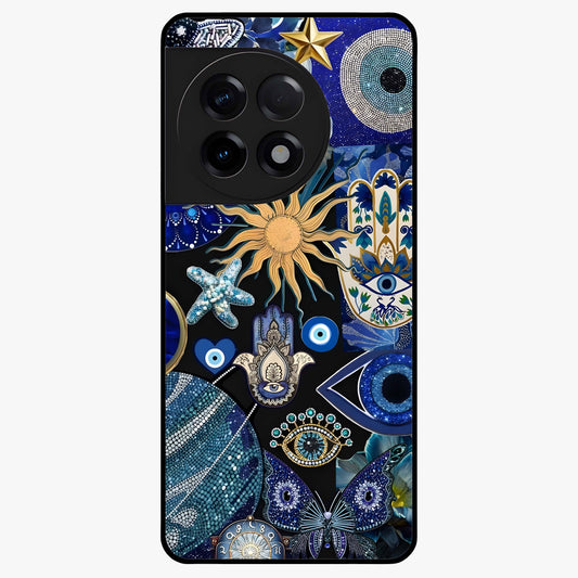 Evil Eye Charm Mix Glass Case for 1+11R vibrant front view featuring multiple evil eye charm artwork