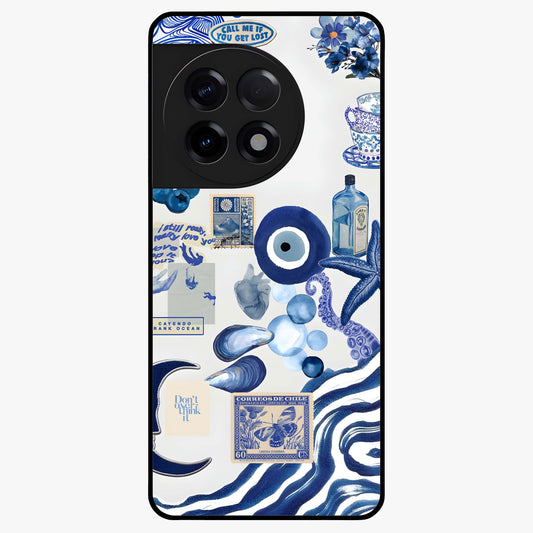 Evil Eye With Blue Themed Collage Glass Case for 1+11R artistic front view featuring blue collage style evil eye artwork