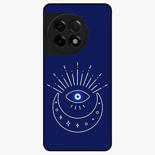 Evil Eyes Dark Blue Glass Case for 1+11R striking front view featuring deep blue evil eye artwork