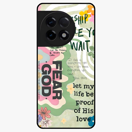 Faith Over Fear Glass Case for 1+11R inspirational front view featuring bold motivational typography artwork