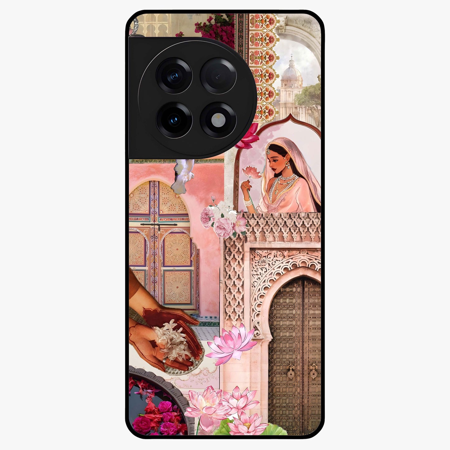 Floral Courtyard Muse Glass Case for 1+11R elegant front view featuring artistic courtyard floral artwork