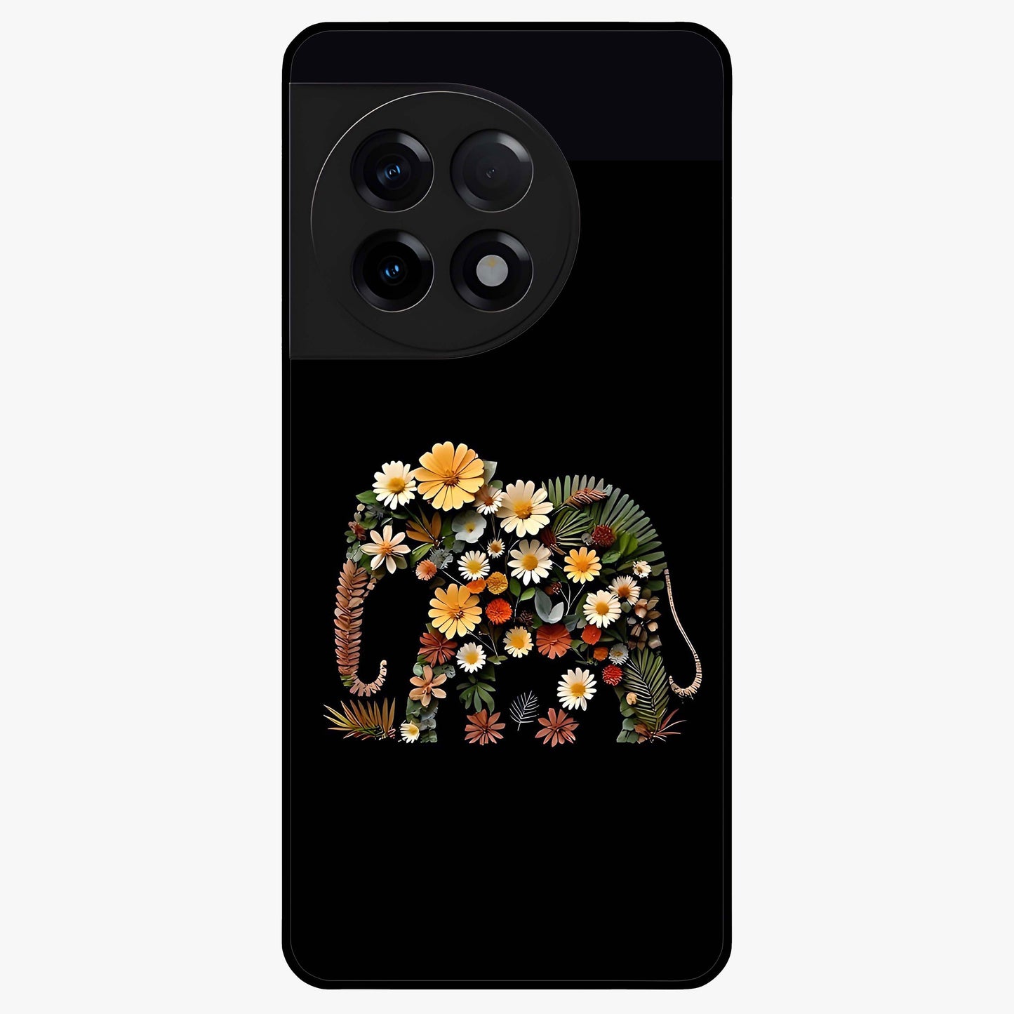 Floral Elephant Glass Case for 1+11R artistic front view featuring elephant illustration with floral detailing
