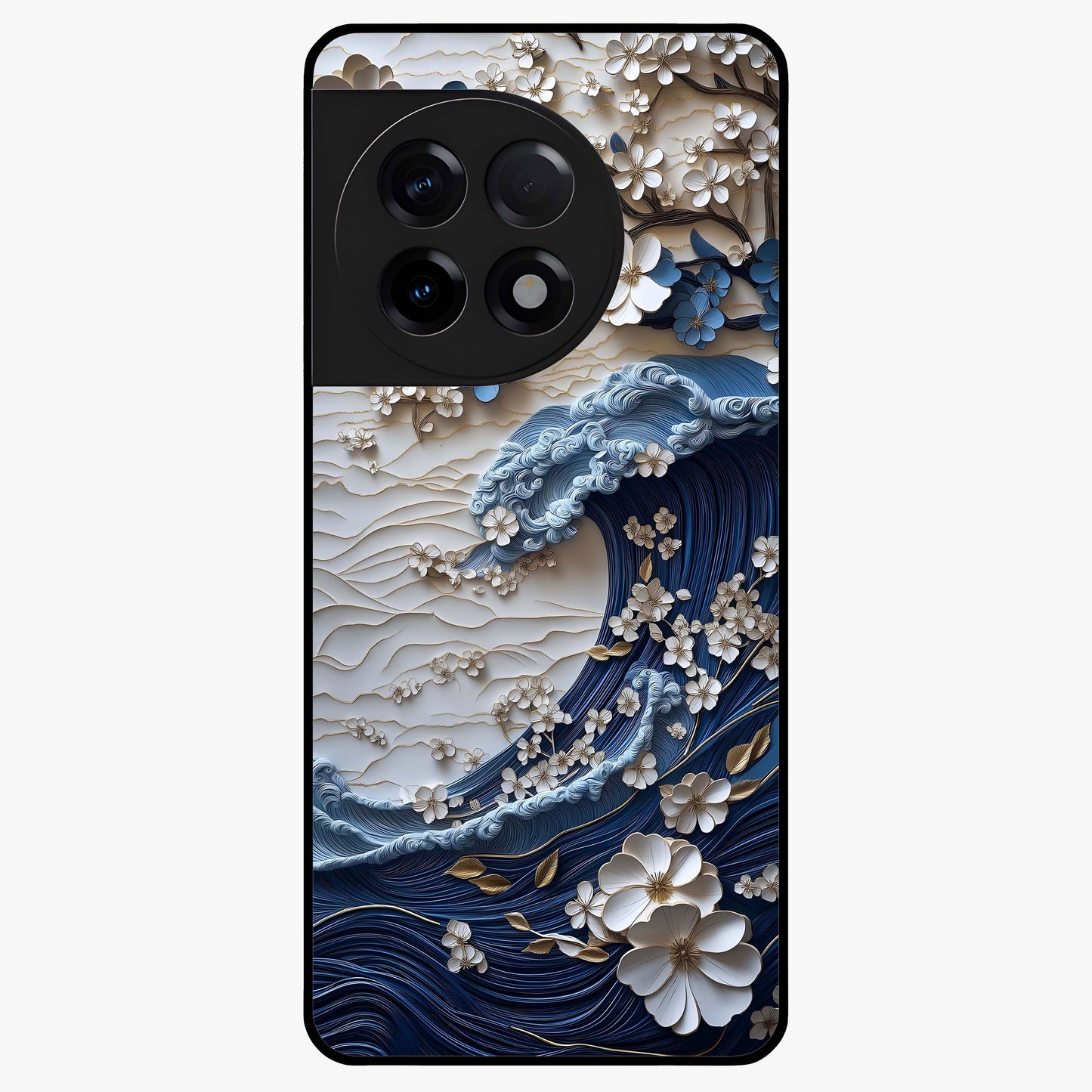 Floral Wave Origami Glass Case for 1+11R artistic front view featuring folded origami inspired floral wave artwork