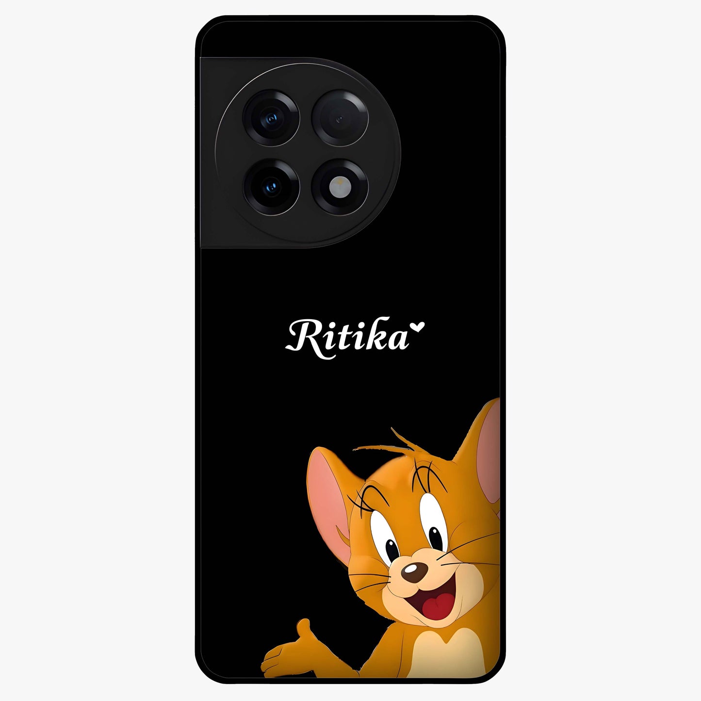 Forever Chasing Love Jerry Glass Case for 1+11R adorable front view featuring playful cartoon love artwork