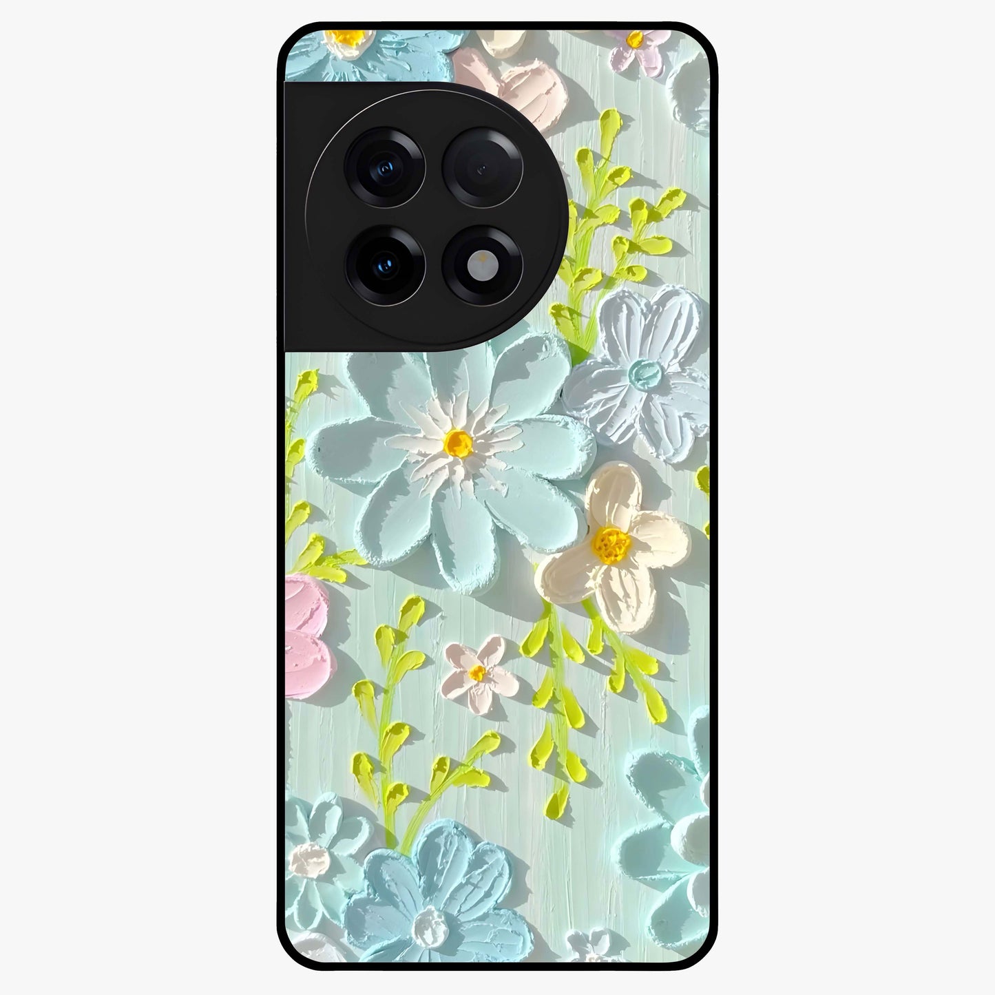 Frosted Petal Garden Glass Case for 1+11R soft front view featuring delicate floral artwork with frosted aesthetic tones
