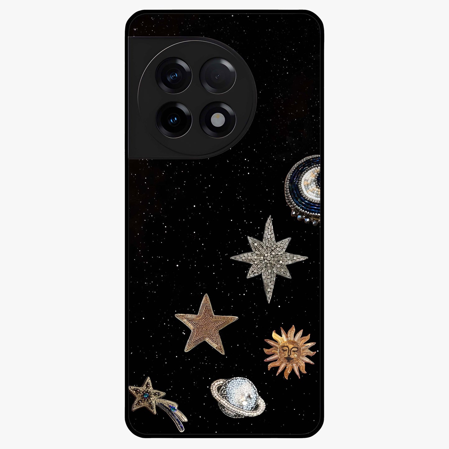 Galactic Charm Glow Glass Case for 1+11R radiant front view featuring glowing cosmic charm artwork