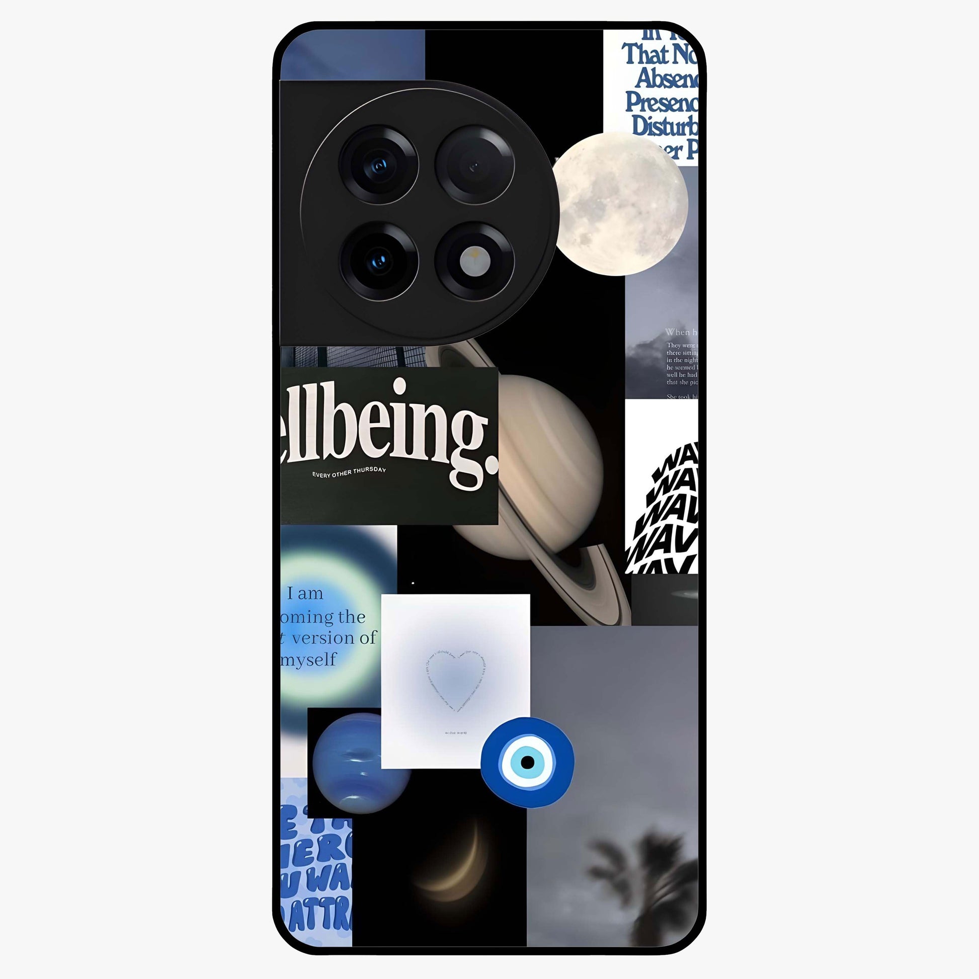 Galactic Energy Collage Glass Case for 1+11R artistic front view featuring layered cosmic collage artwork