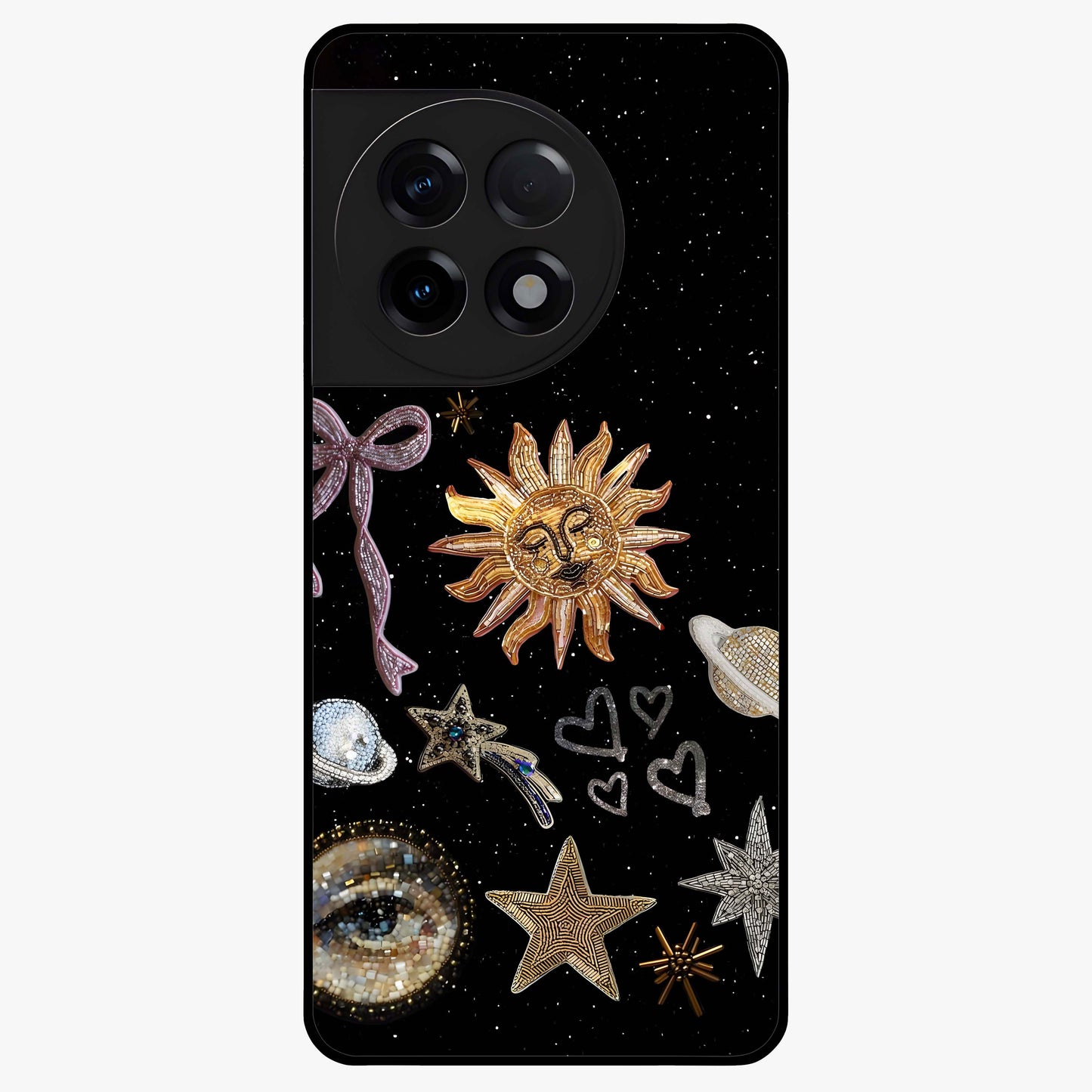 Galactic Sun Charm Glass Case for 1+11R radiant front view featuring celestial sun artwork with cosmic accents