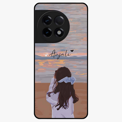 Girl Facing Sunset Beach Glass Case for 1+11R scenic front view featuring silhouette artwork against glowing sunset sky