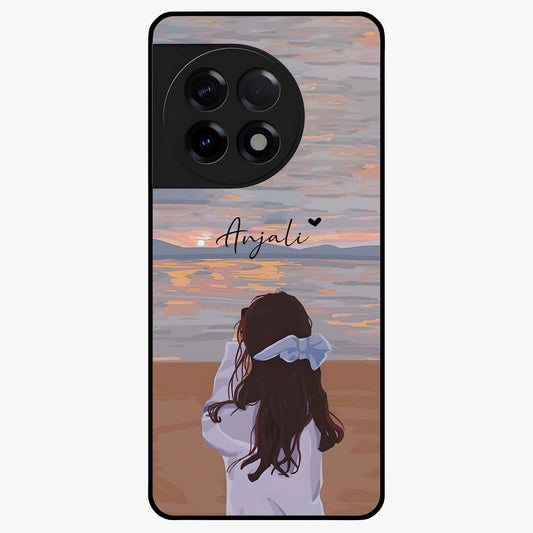 Girl Facing Sunset Beach Glass Case for 1+11R scenic front view featuring silhouette artwork against glowing sunset sky