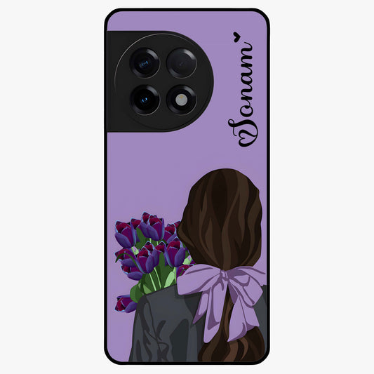 Girl Holding Flowers Glass Case for 1+11R aesthetic front view featuring soft illustrated character with floral bouquet