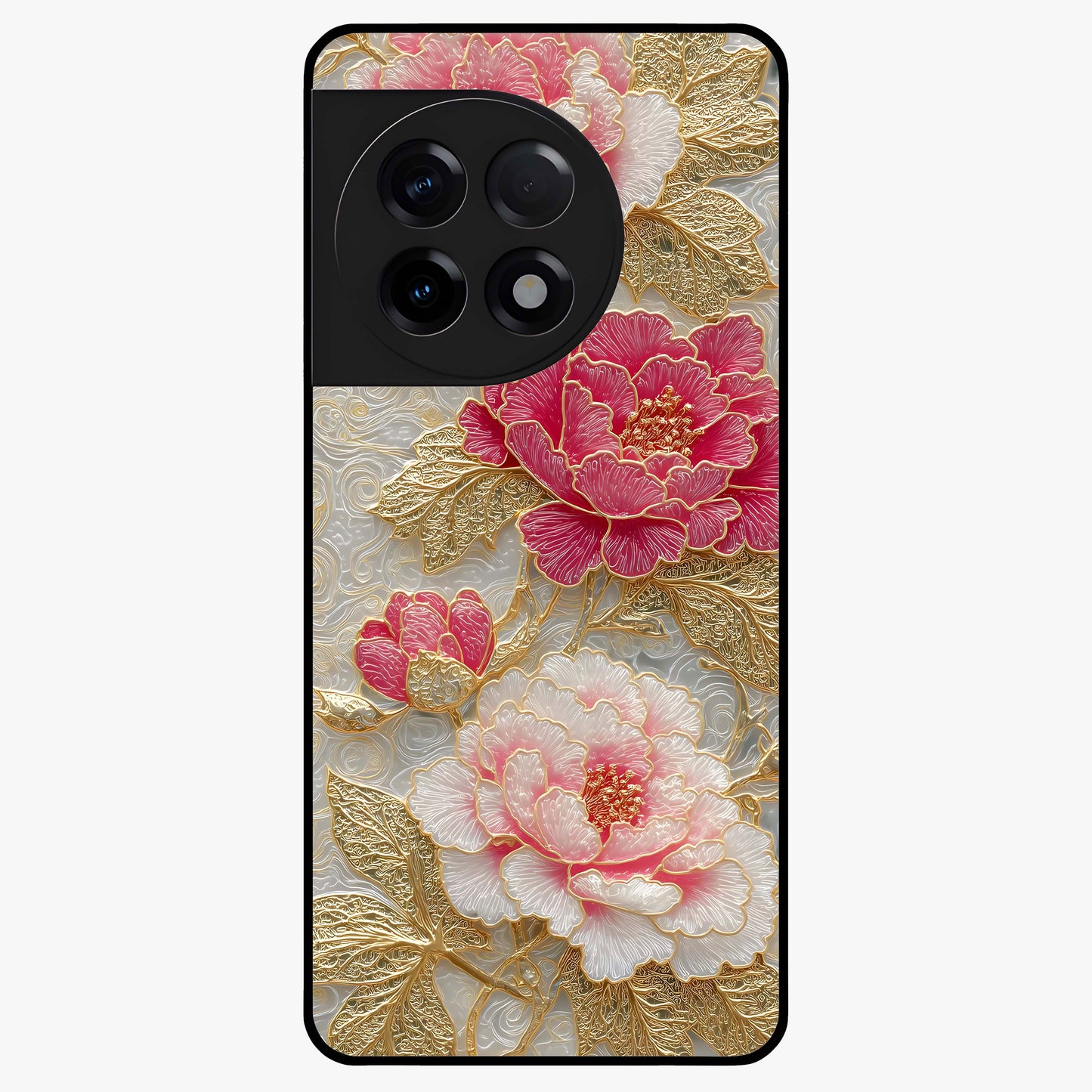 Golden Blossom Elegance Glass Case for 1+11R graceful front view featuring refined golden floral artwork