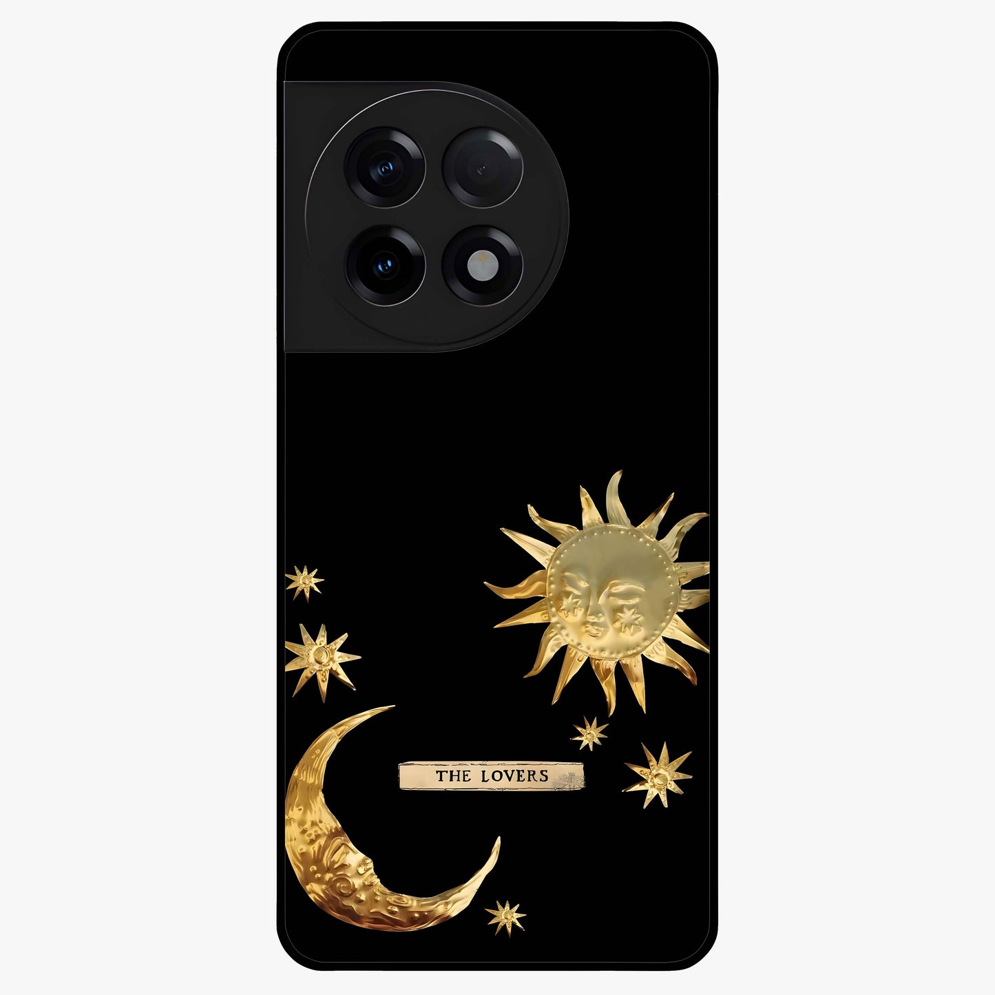 Golden Celestial Charm Glass Case for 1+11R radiant front view featuring celestial artwork with golden accents