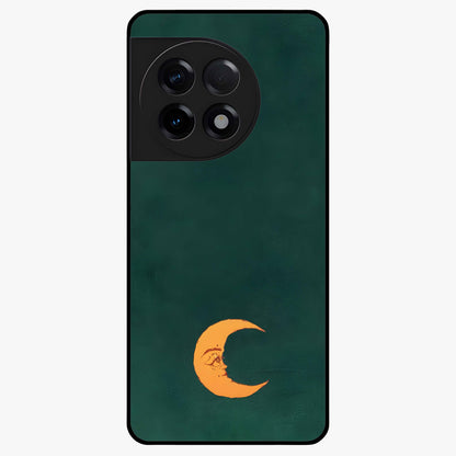 Golden Crescent Mood Glass Case for 1+11R artistic front view featuring crescent moon artwork in warm golden tones