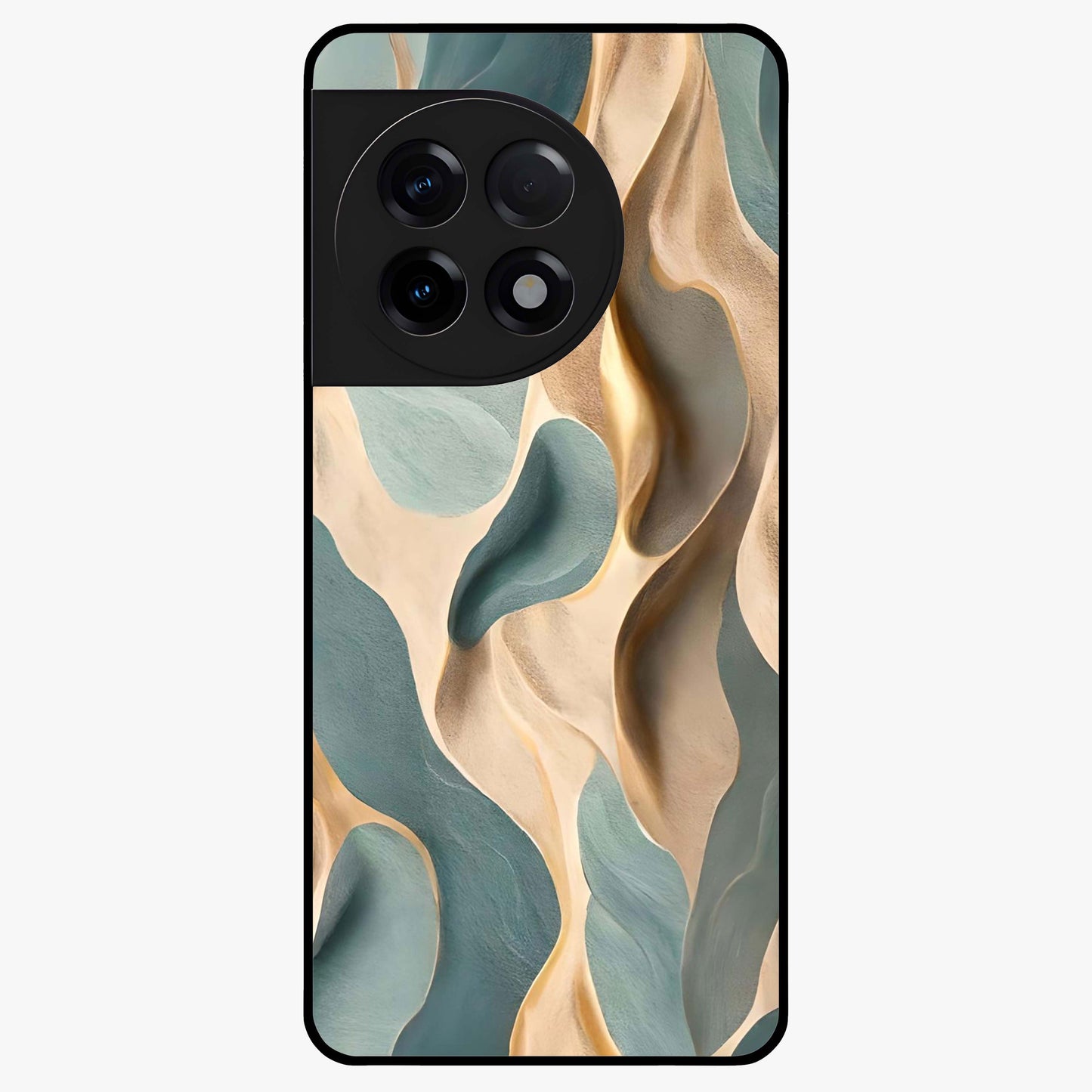 Golden Dune Waves Glass Case for 1+11R scenic front view featuring flowing desert dune artwork in golden hues