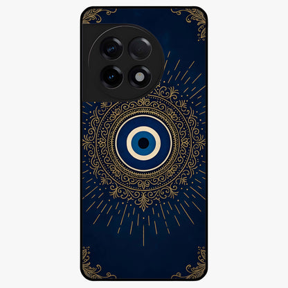 Golden Evil Eye Mandala Glass Case for 1+11R bold front view featuring intricate mandala artwork with golden evil eye
