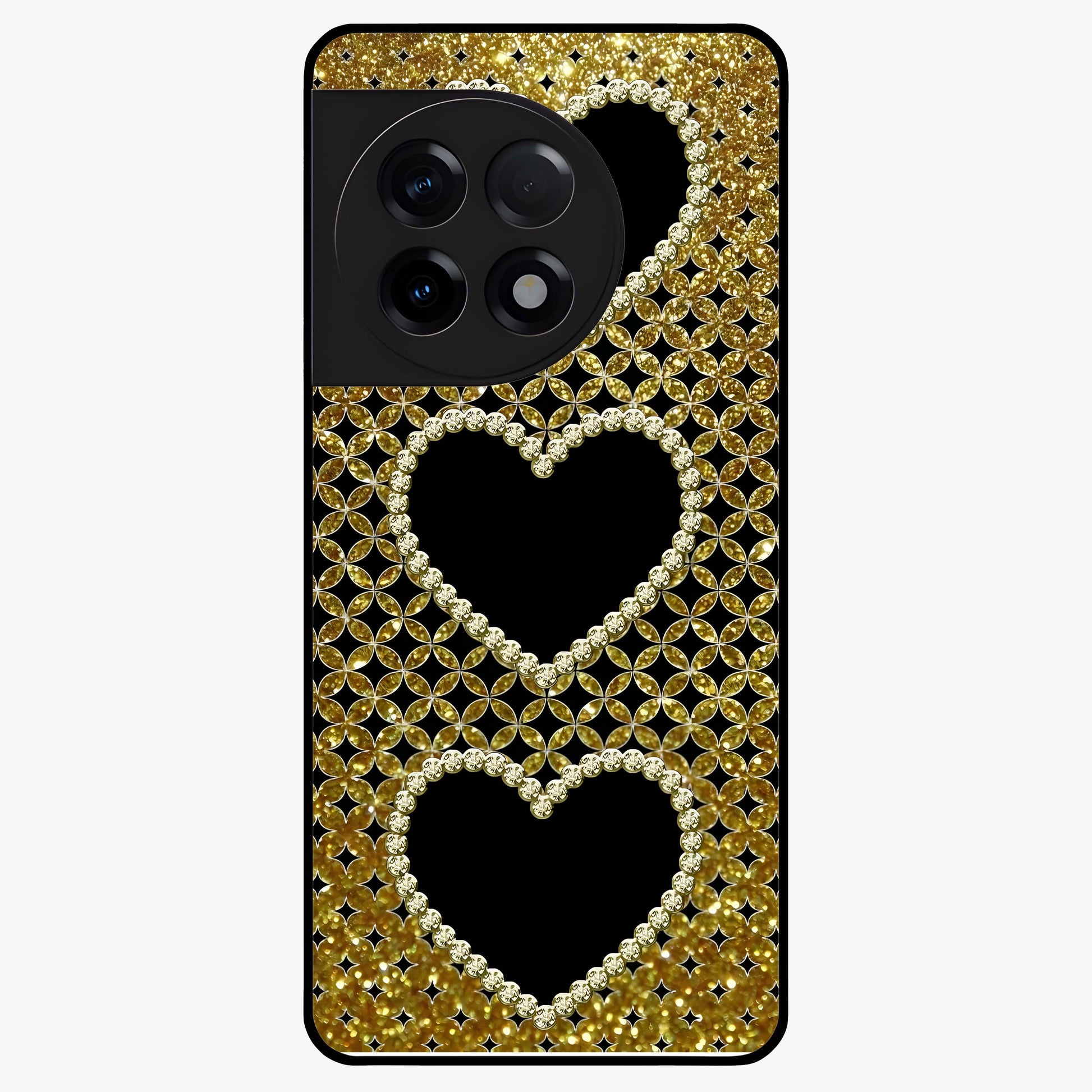 Golden Heart Glow Glass Case for 1+11R romantic front view featuring glowing golden heart artwork