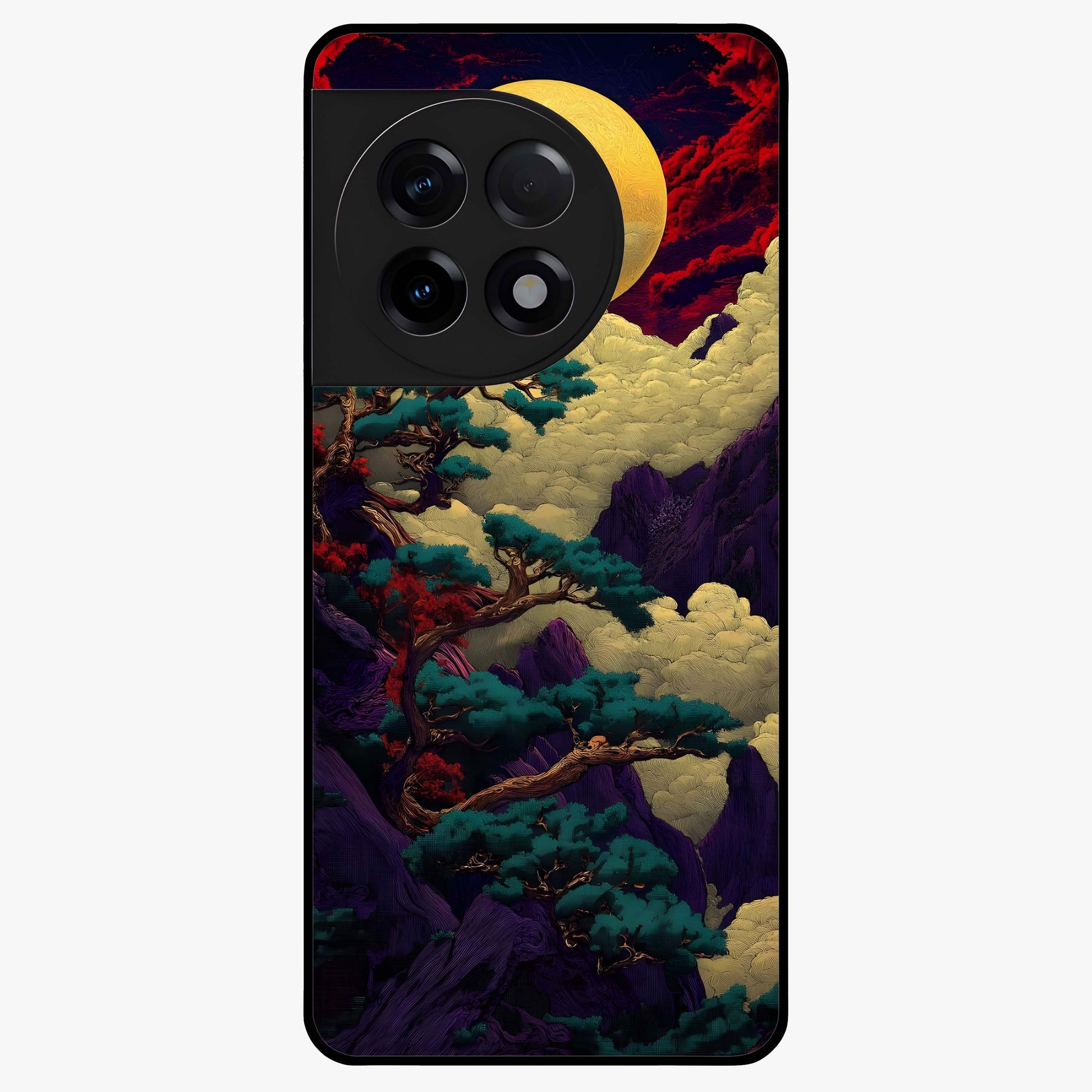 Golden Moon Horizon Glass Case for 1+11R serene front view featuring glowing golden moon over horizon artwork