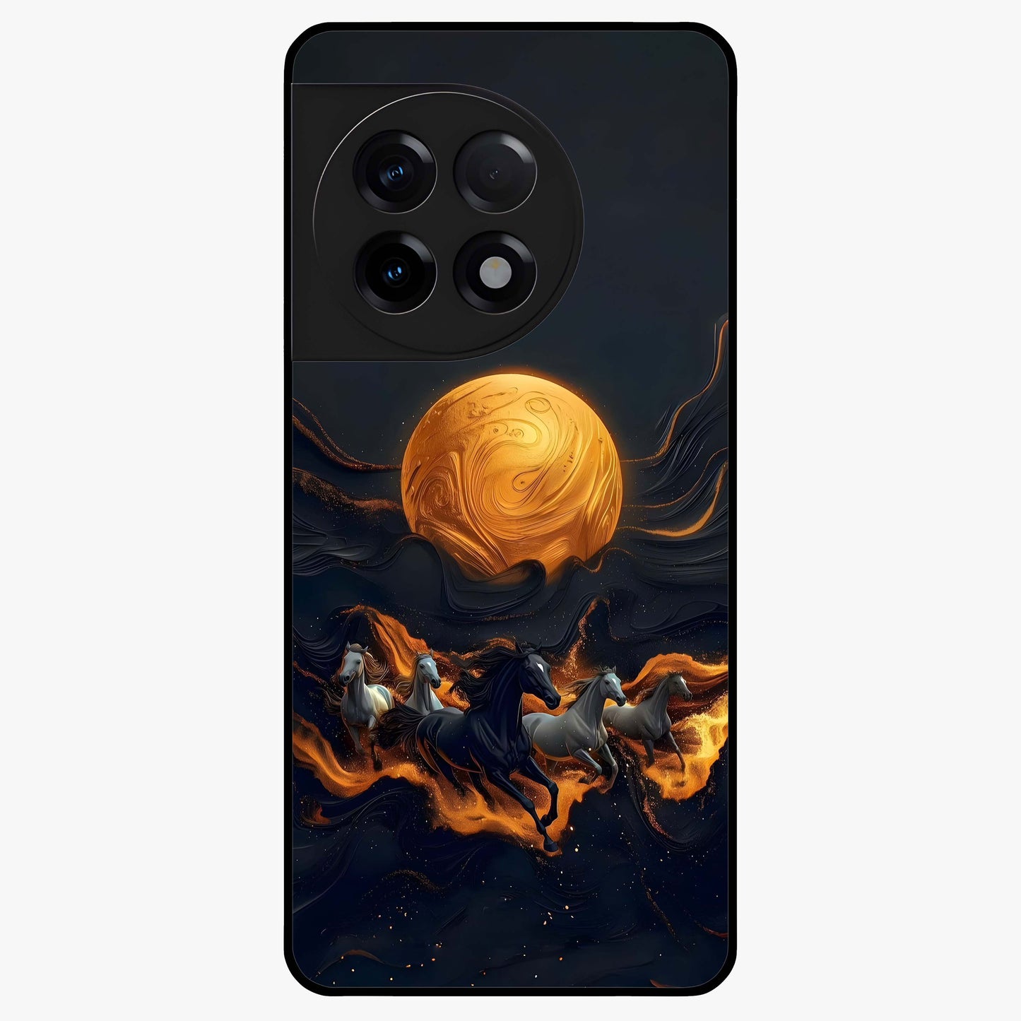Golden Stallion Moonride Glass Case for 1+11R majestic front view featuring horse artwork under golden moonlight