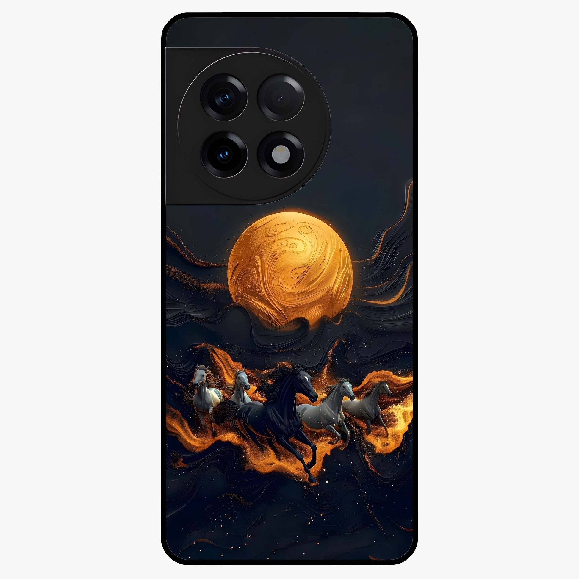 Golden Stallion Moonride Glass Case for 1+11R majestic front view featuring horse artwork under golden moonlight
