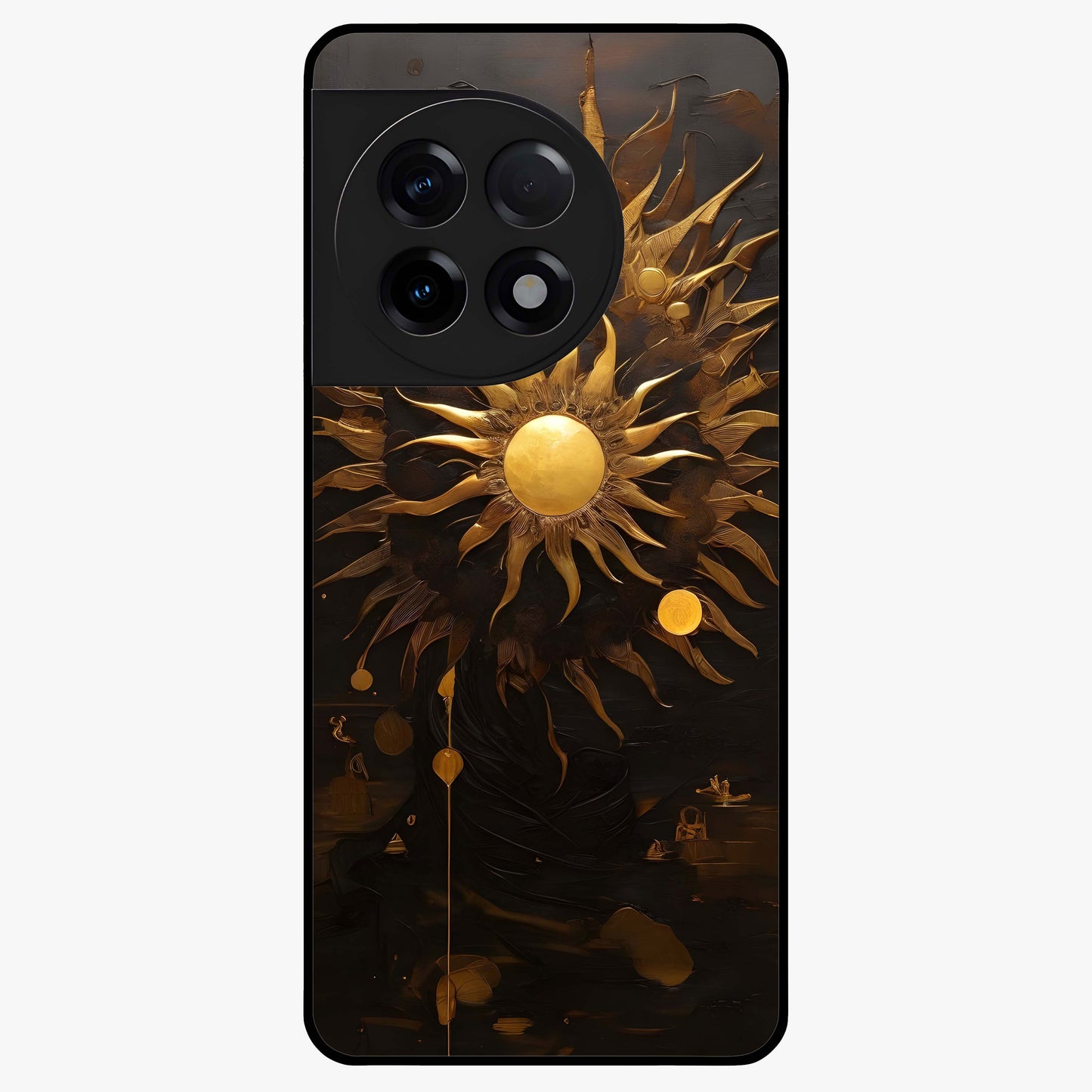 Golden Sun Majesty Glass Case for 1+11R radiant front view featuring majestic sun artwork in golden hues