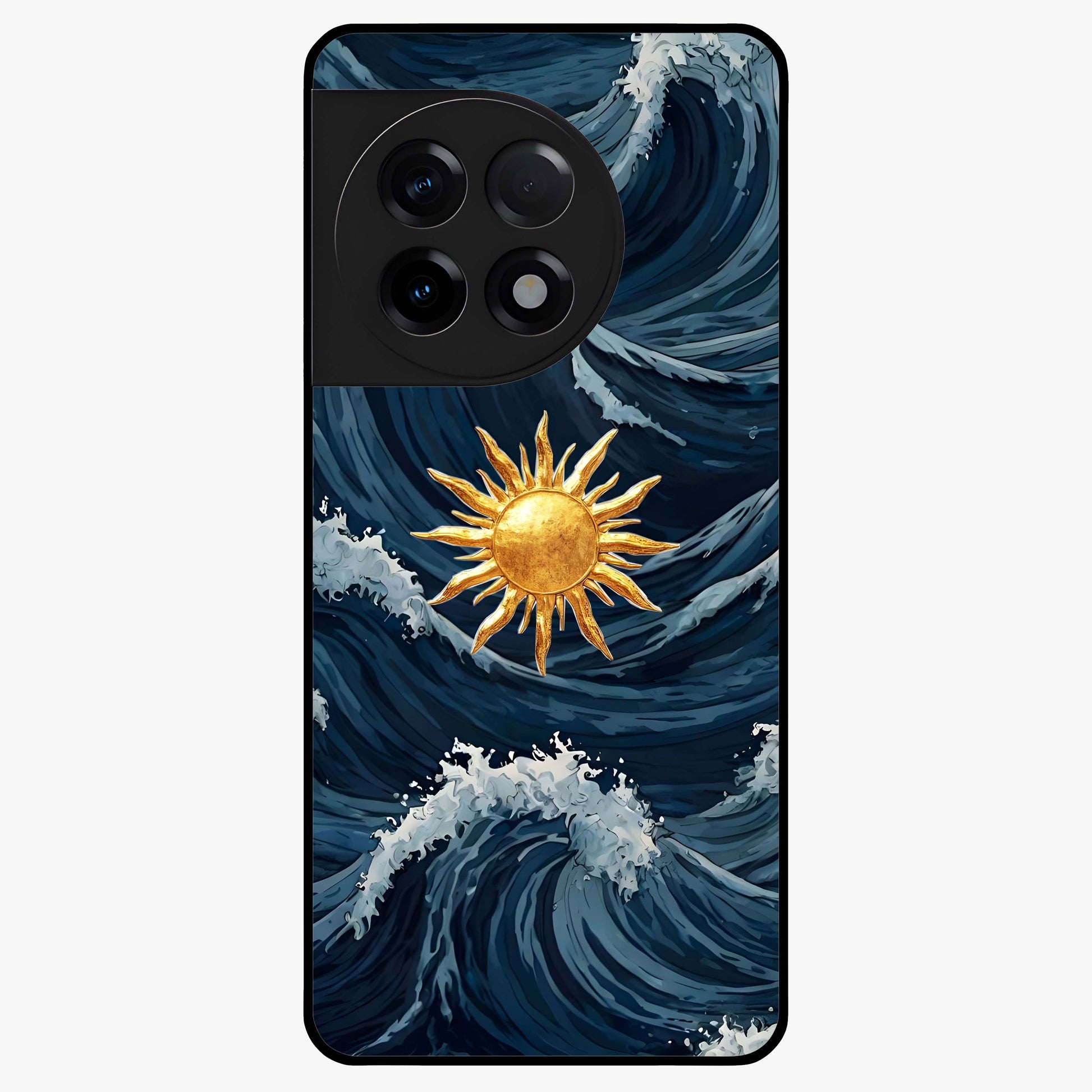 Golden Wave Rise Glass Case for 1+11R dynamic front view featuring flowing wave artwork in golden tones