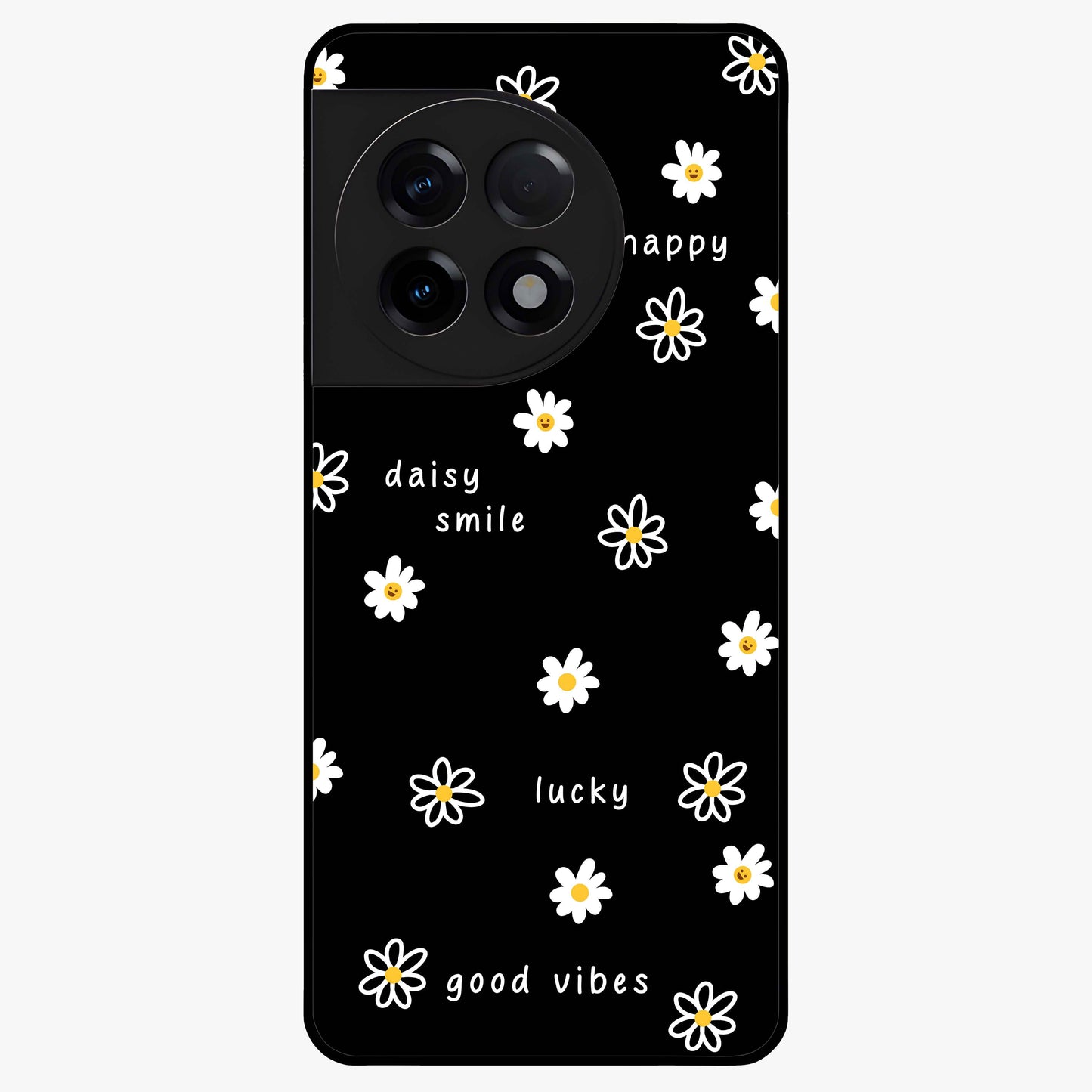 Good Vibes Daisy Black Pattern Glass Case for 1+11R stylish front view featuring white daisy artwork on black background