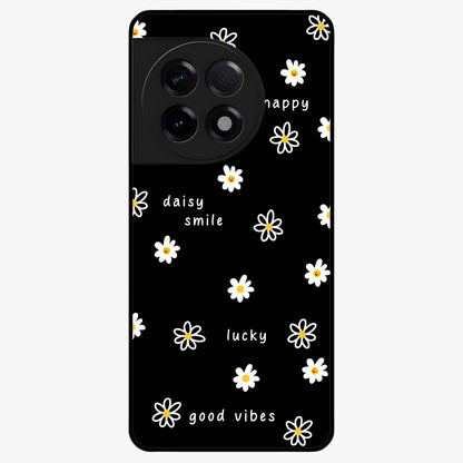 Good Vibes Daisy Black Pattern Glass Case for 1+11R stylish front view featuring white daisy artwork on black background