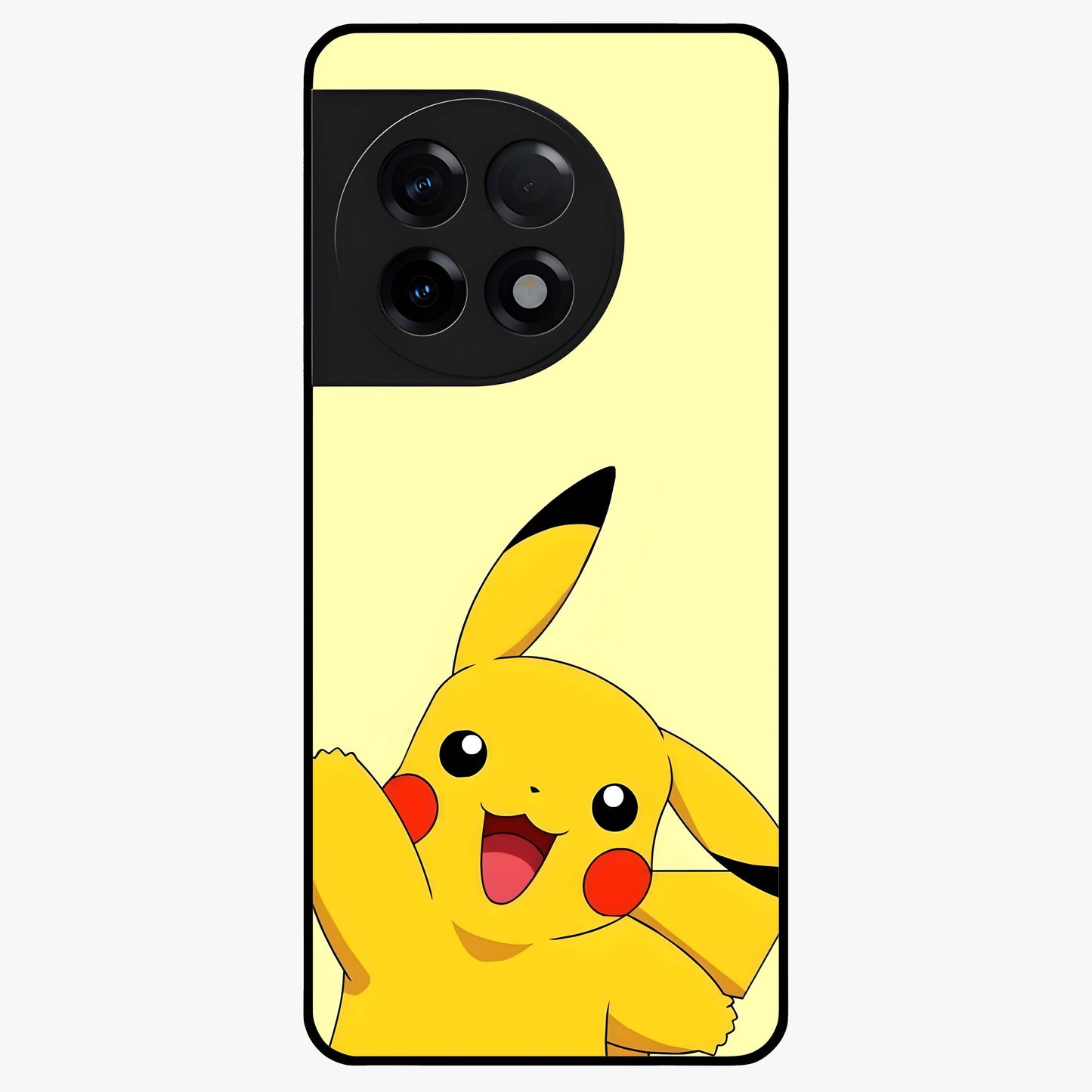 Happy Electric Pikachu Glass Case for 1+11R energetic front view featuring electric themed cartoon artwork