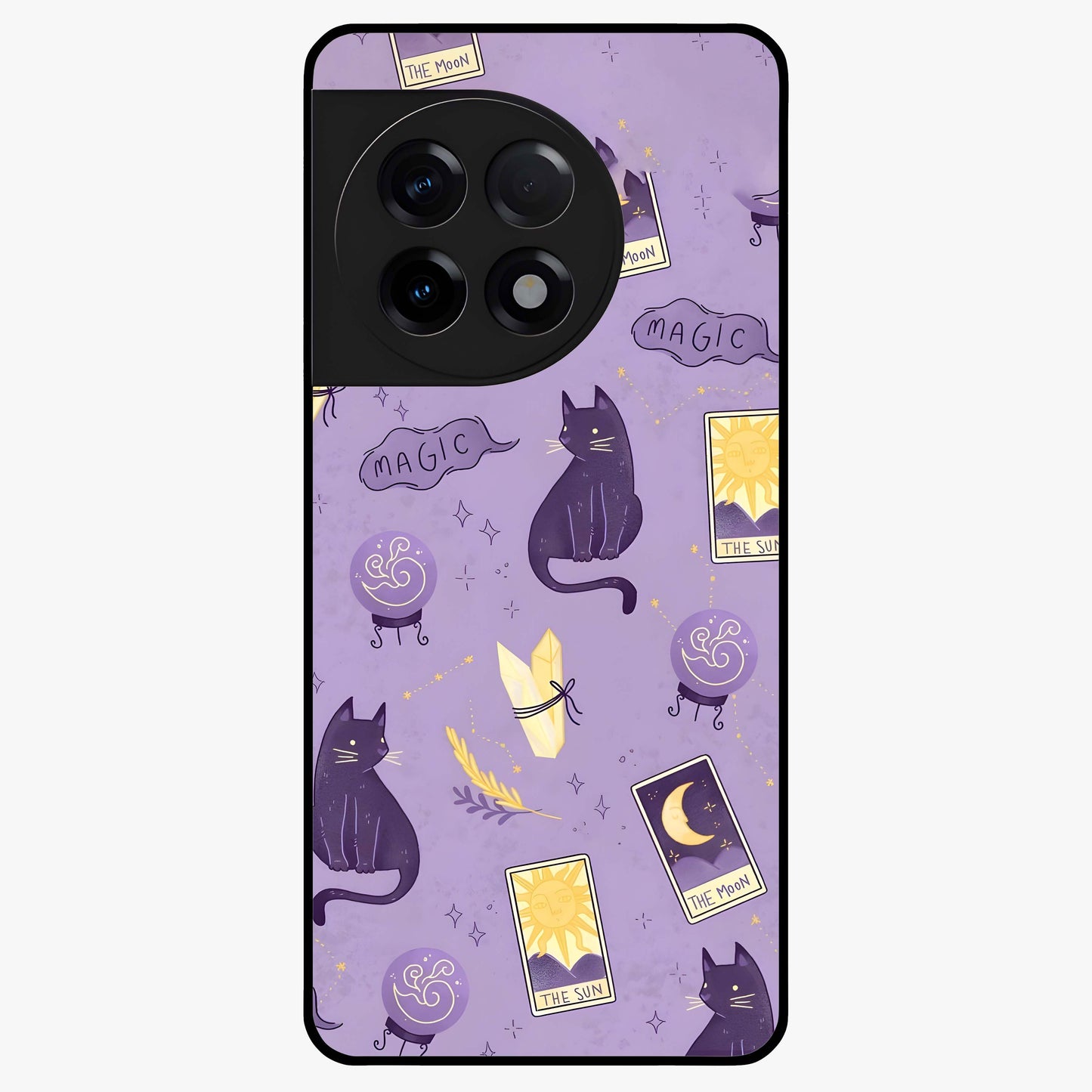 Humble Magic Cats Glass Case for 1+11R showing full back design in clean flat view with whimsical cat artwork and glossy glass finish.