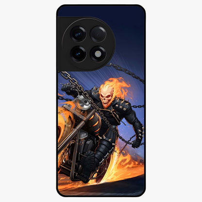 Inferno Chain Rider Glass Case for 1+11R showing full back design in clean flat view with fiery chain rider artwork and glossy glass finish.