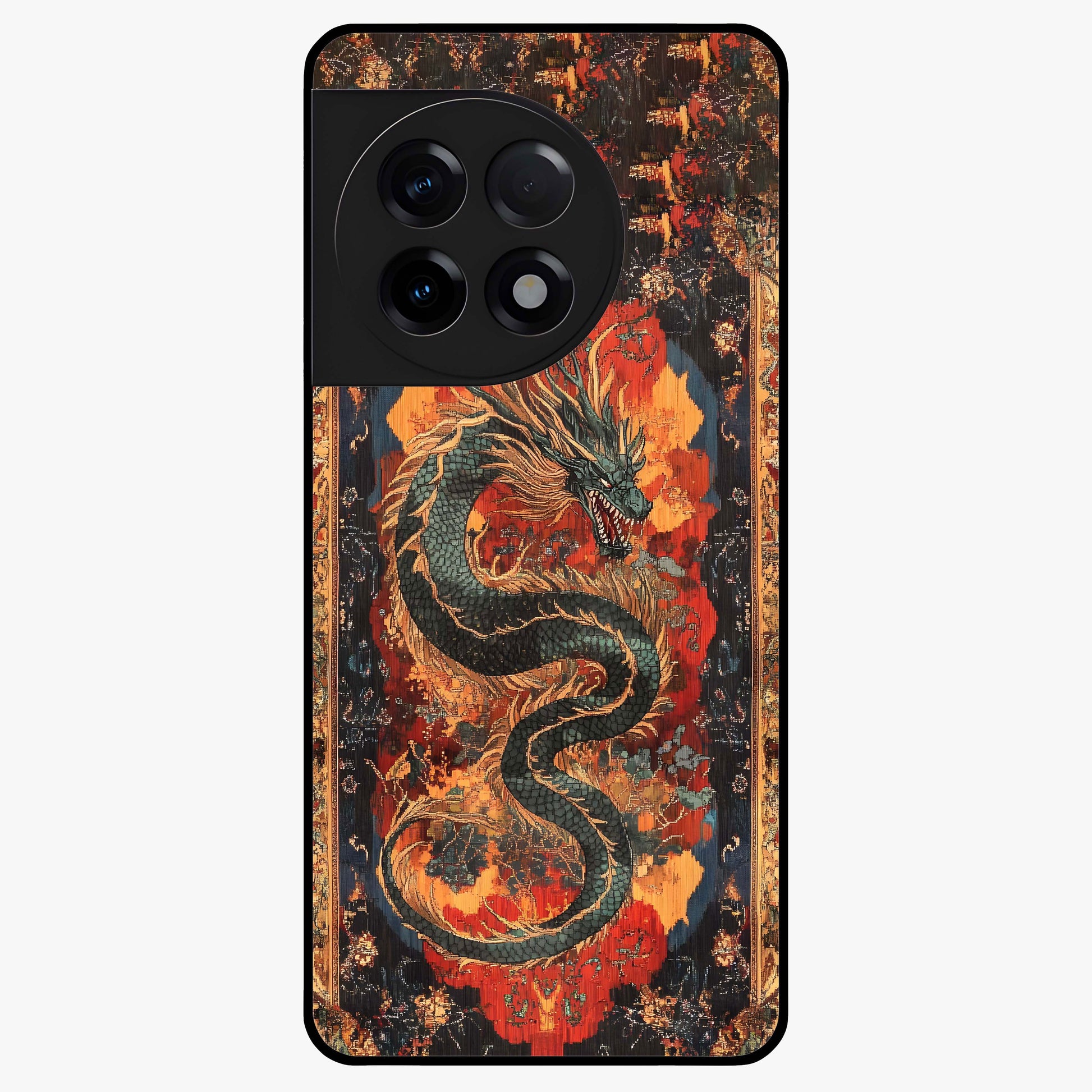 Inferno Dragon Soul Glass Case for 1+11R showing full back design in clean flat view with blazing dragon artwork and glossy glass finish.