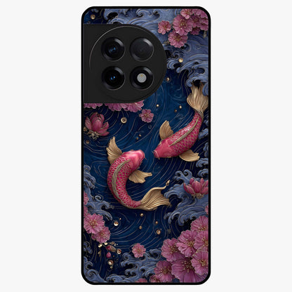 Koi Wave Dance Glass Case for 1+11R artistic front view featuring flowing koi fish artwork with wave patterns