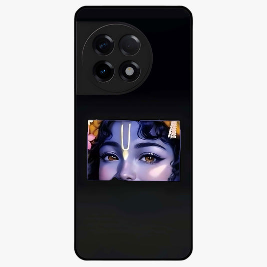 Krishna Divine Embrace Glass Case for 1+11R serene front view featuring devotional Krishna inspired artwork