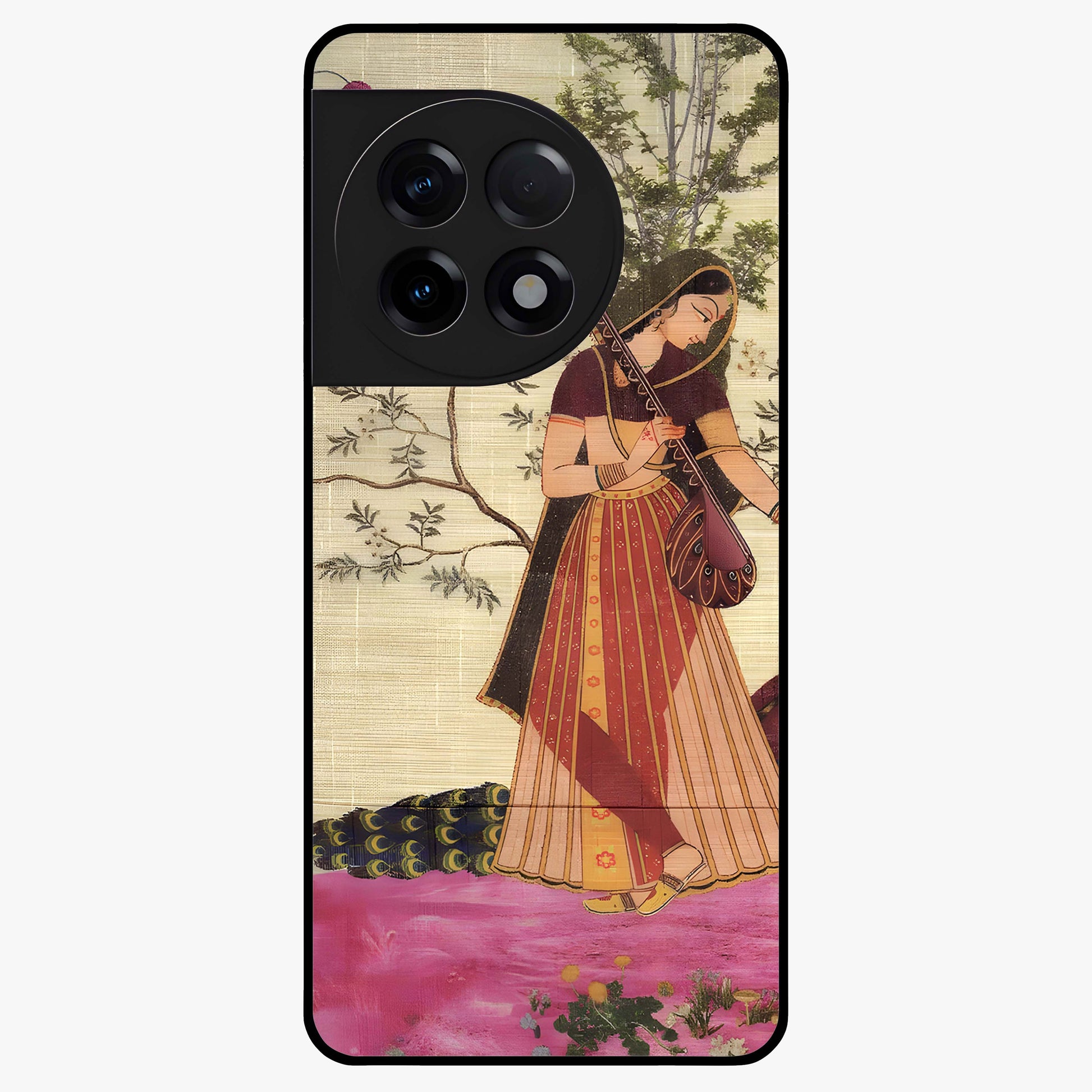Lady With Veena Art Glass Case for 1+11R elegant front view featuring classical musical inspired artwork