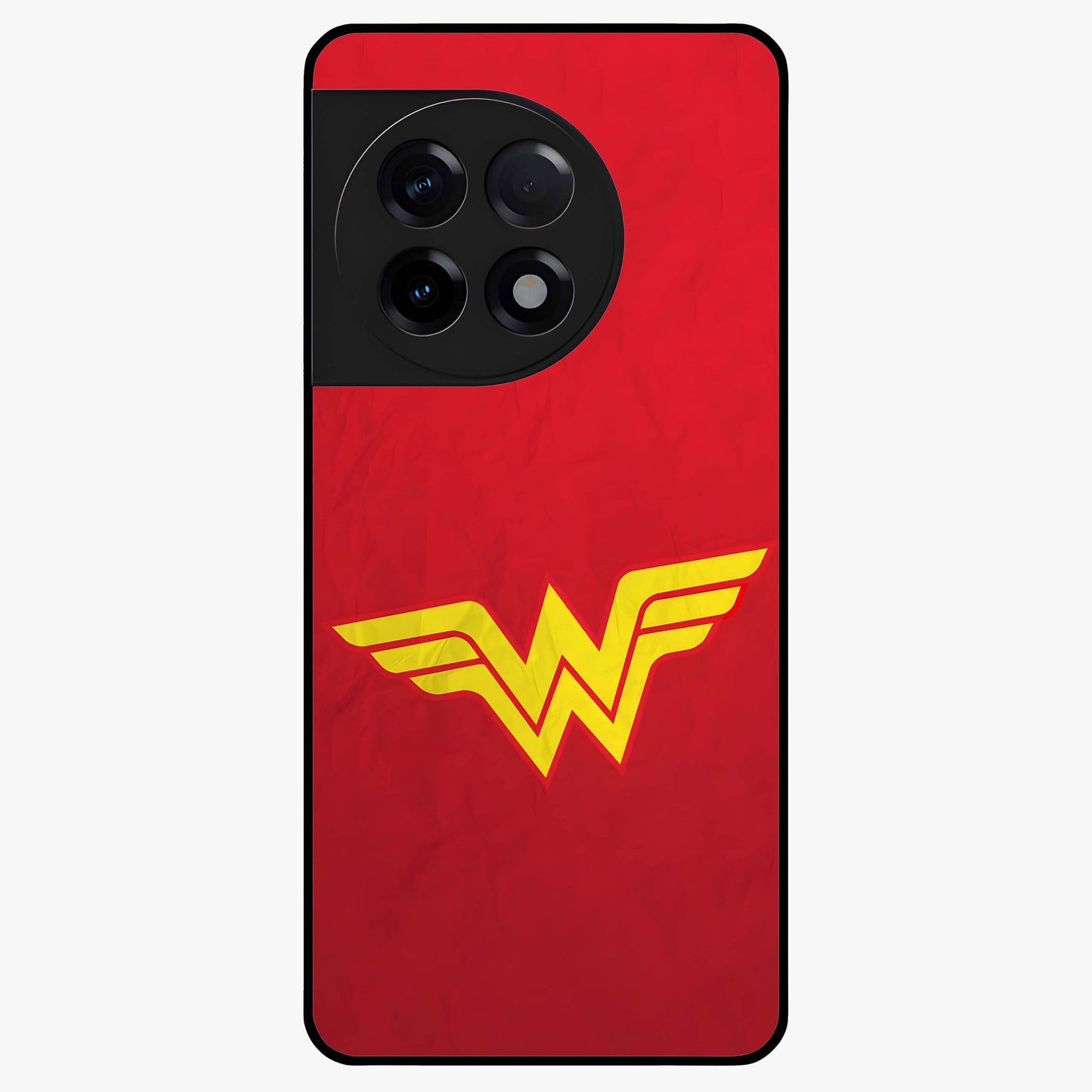 Legendary Wonder Power Glass Case for 1+11R dynamic front view featuring bold superhero inspired artwork